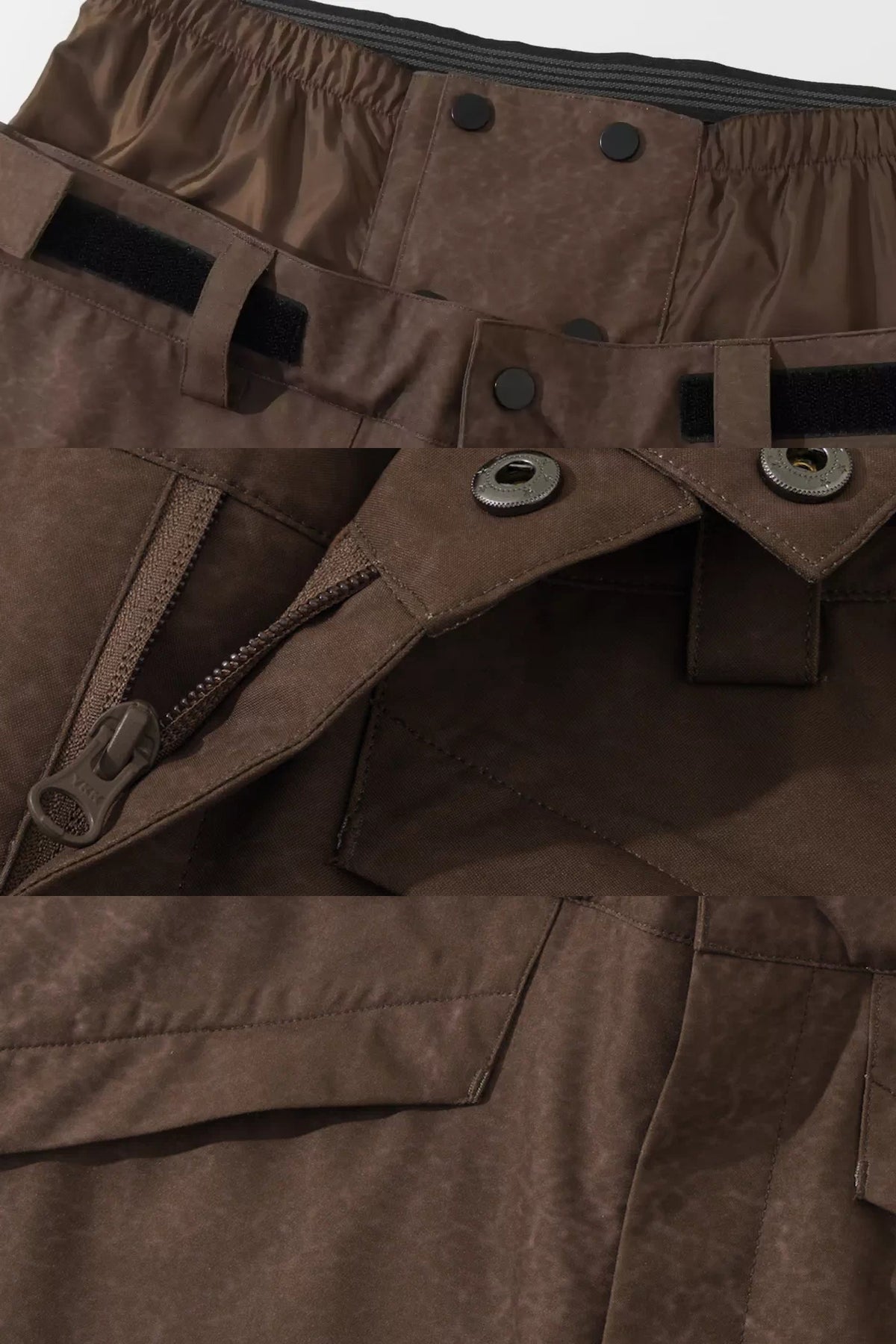 Winter Ticket snow pants details: adjustable waist, snap and zipper fly, and front pocket