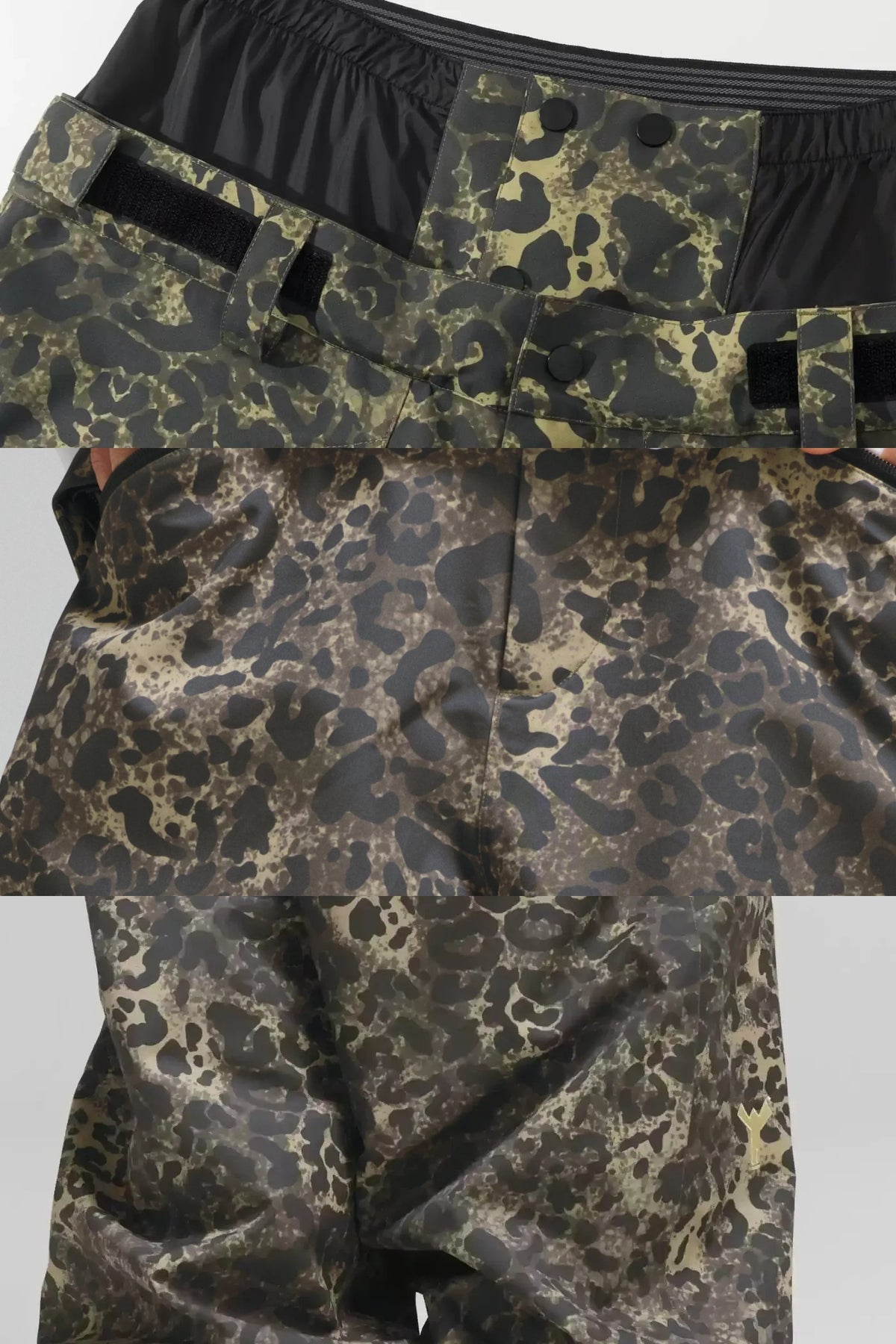 Leopard Print Snow Pants details showing adjustable waistband, front pockets and rear fabric pattern
