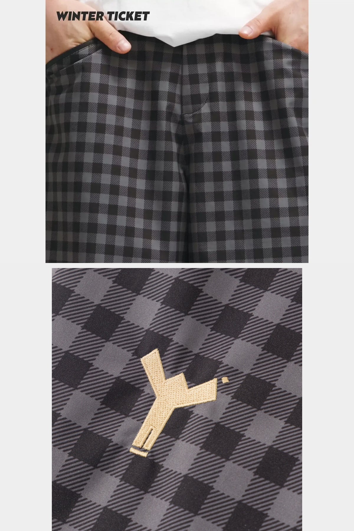 Black-grey plaid snow pants front pockets and fabric detail with embroidered Winter Ticket logo