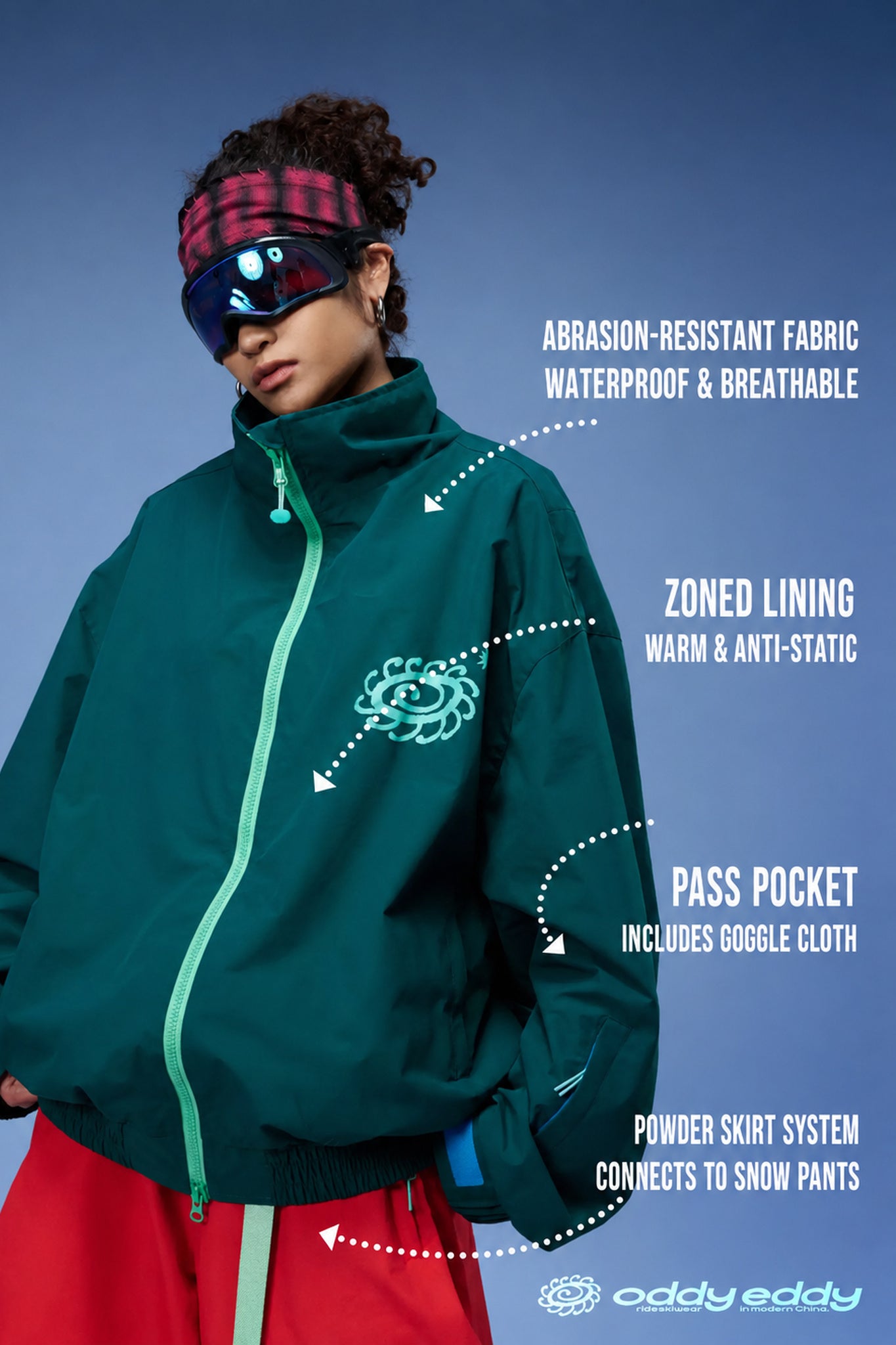 OddyEddy Ash Green ski and snowboard jacket technical features