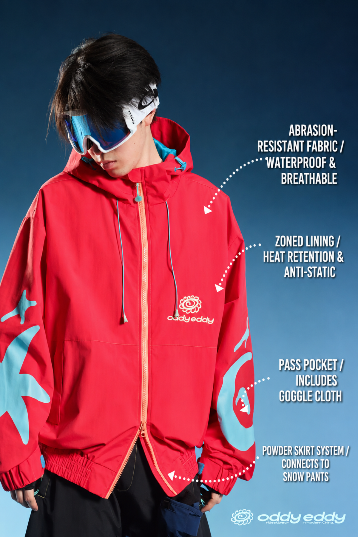 OddyEddy Eclipse Red Ski & Snowboard Jacket English technical feature guide