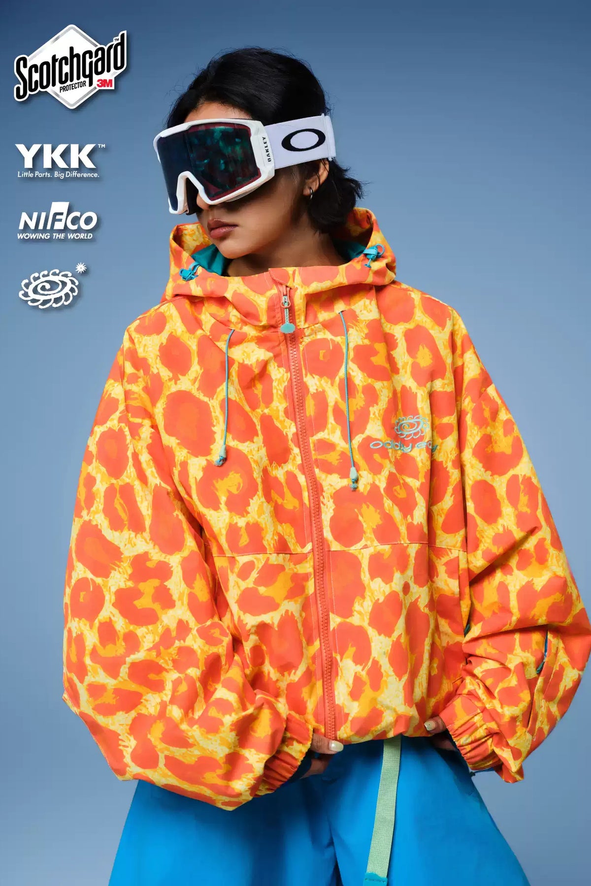 OddyEddy Golden Leopard snowboard jacket front lifestyle view