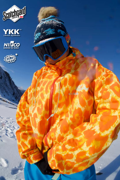OddyEddy Golden Leopard snowboard jacket on mountain