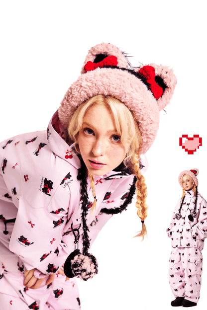LMDSNOW Women's Pink Cat Snow Jacket and Pants Set