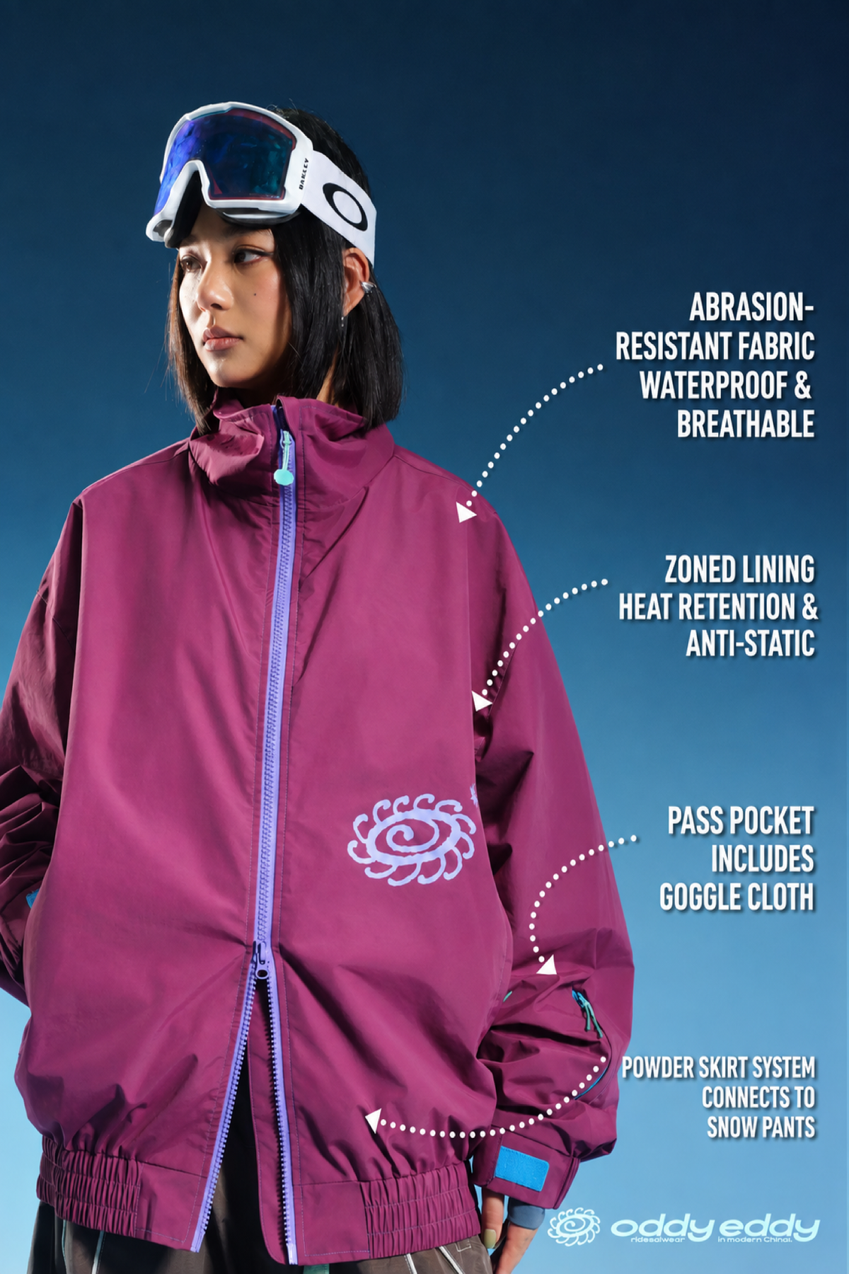 OddyEddy Luna Purple Ski & Snowboard Jacket English technical feature guide