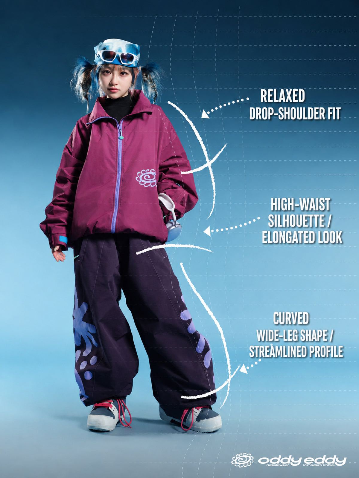 OddyEddy Luna Purple Ski & Snowboard Jacket English fit and silhouette guide with natural model proportions