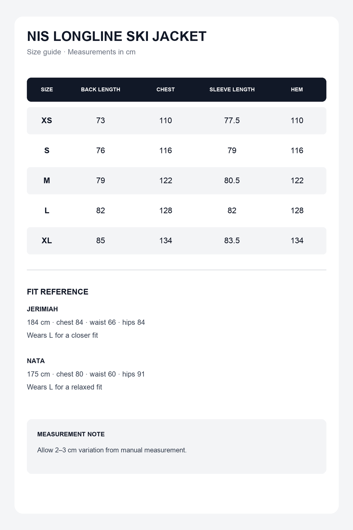 NIS longline ski snowboard jacket size chart in centimetres