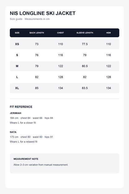NIS longline ski snowboard jacket size chart in centimetres