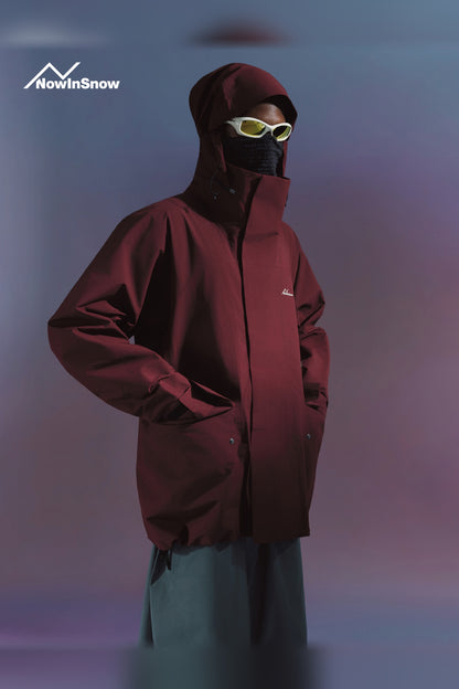 NIS longline ski snowboard jacket for men in Chestnut Berry Red with hood up
