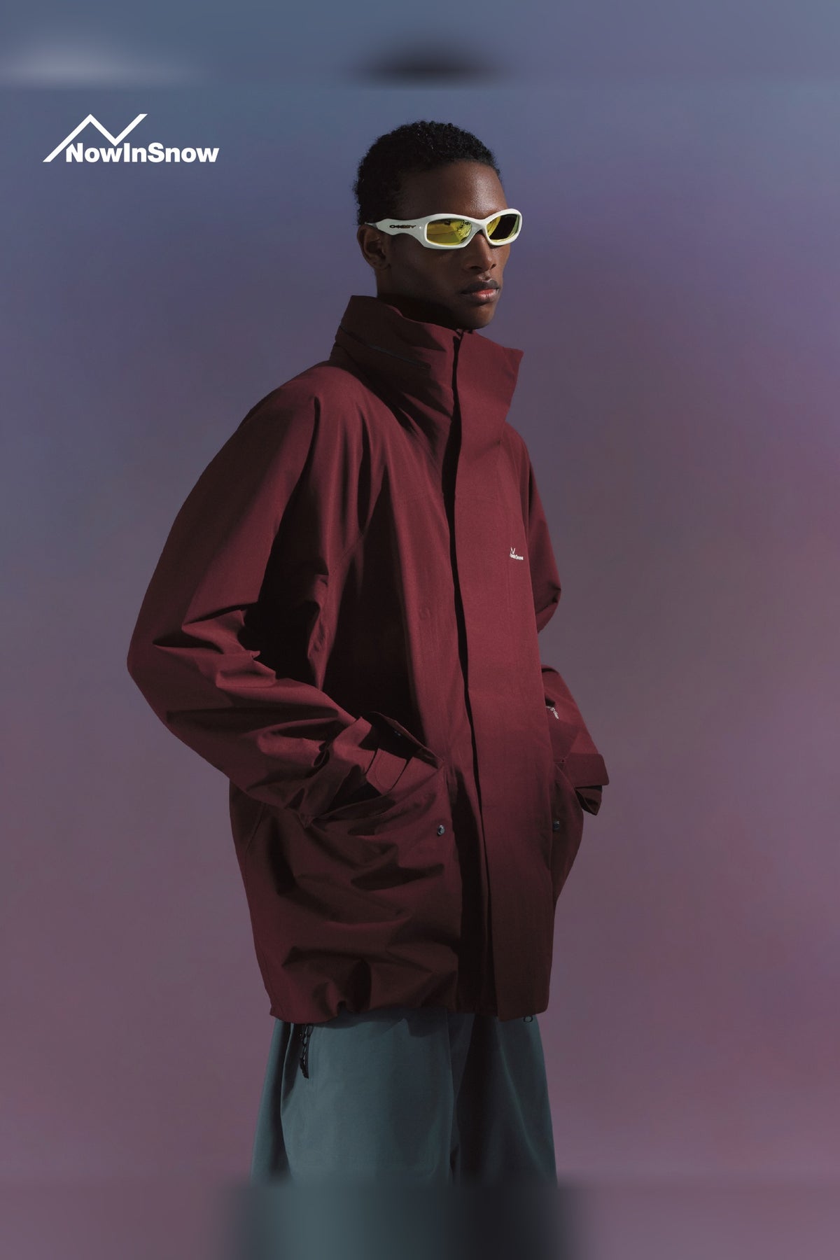 NIS Chestnut Berry Red longline ski jacket for men, side view