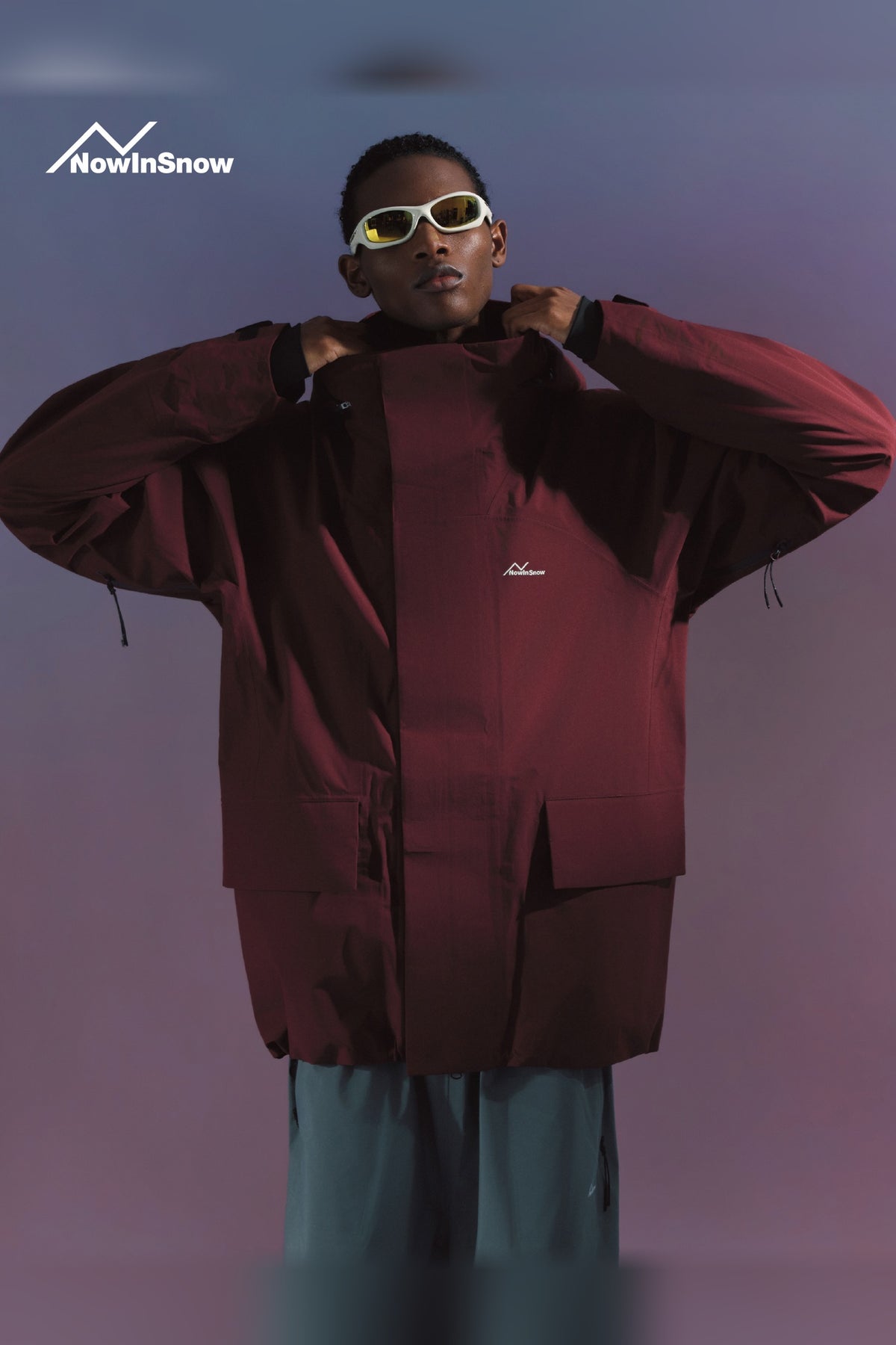 NIS Chestnut Berry Red longline ski jacket for men, relaxed front view