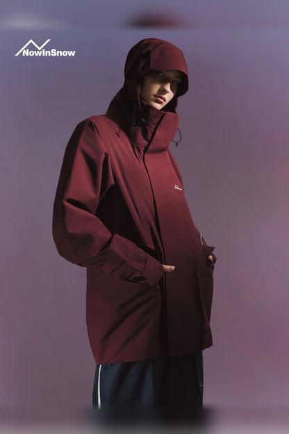 NIS Chestnut Berry Red longline ski jacket for women with hood up