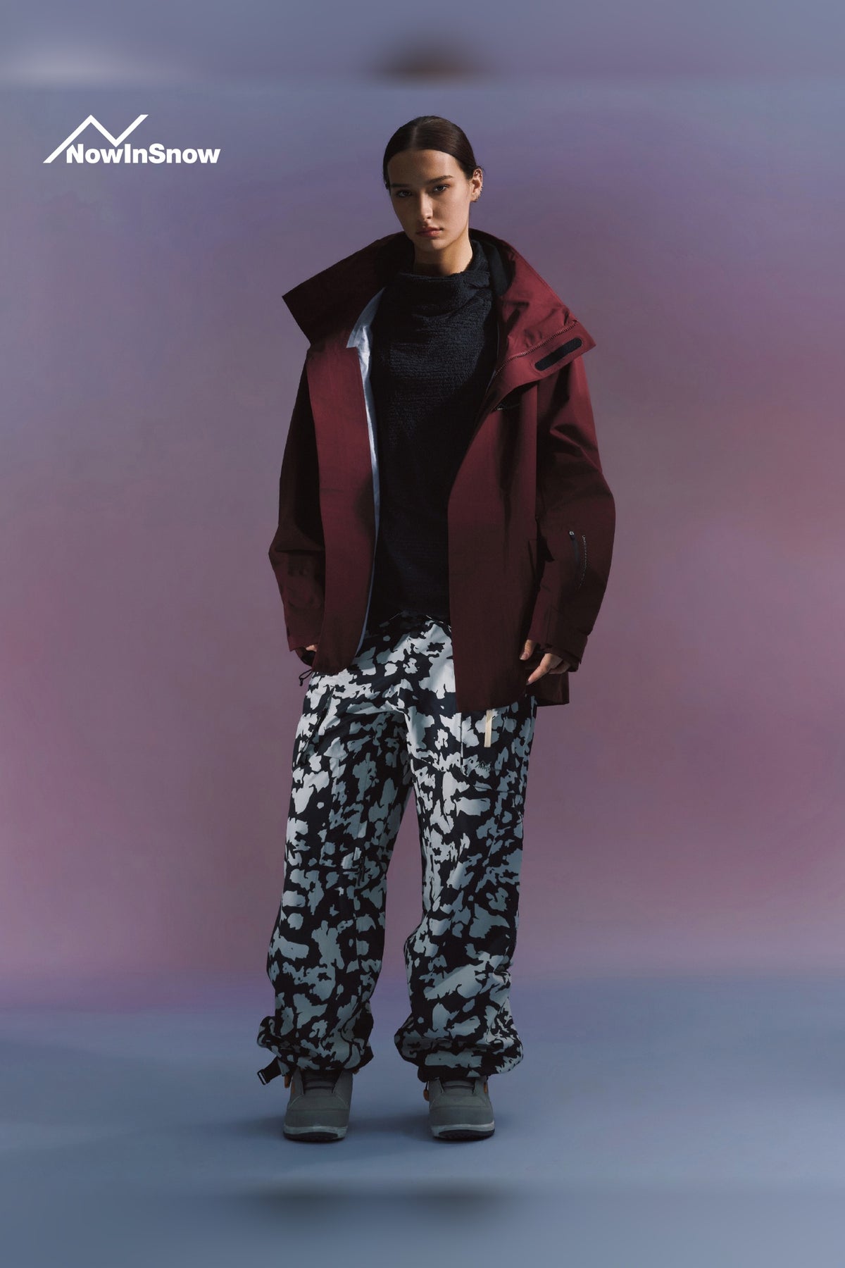 NIS Chestnut Berry Red longline ski jacket for women, full outfit view