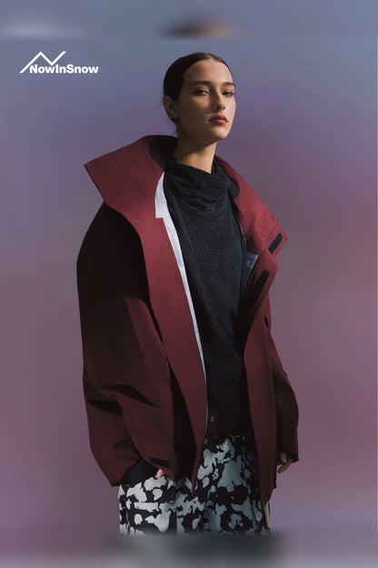 NIS Chestnut Berry Red longline ski jacket for women, open layering view