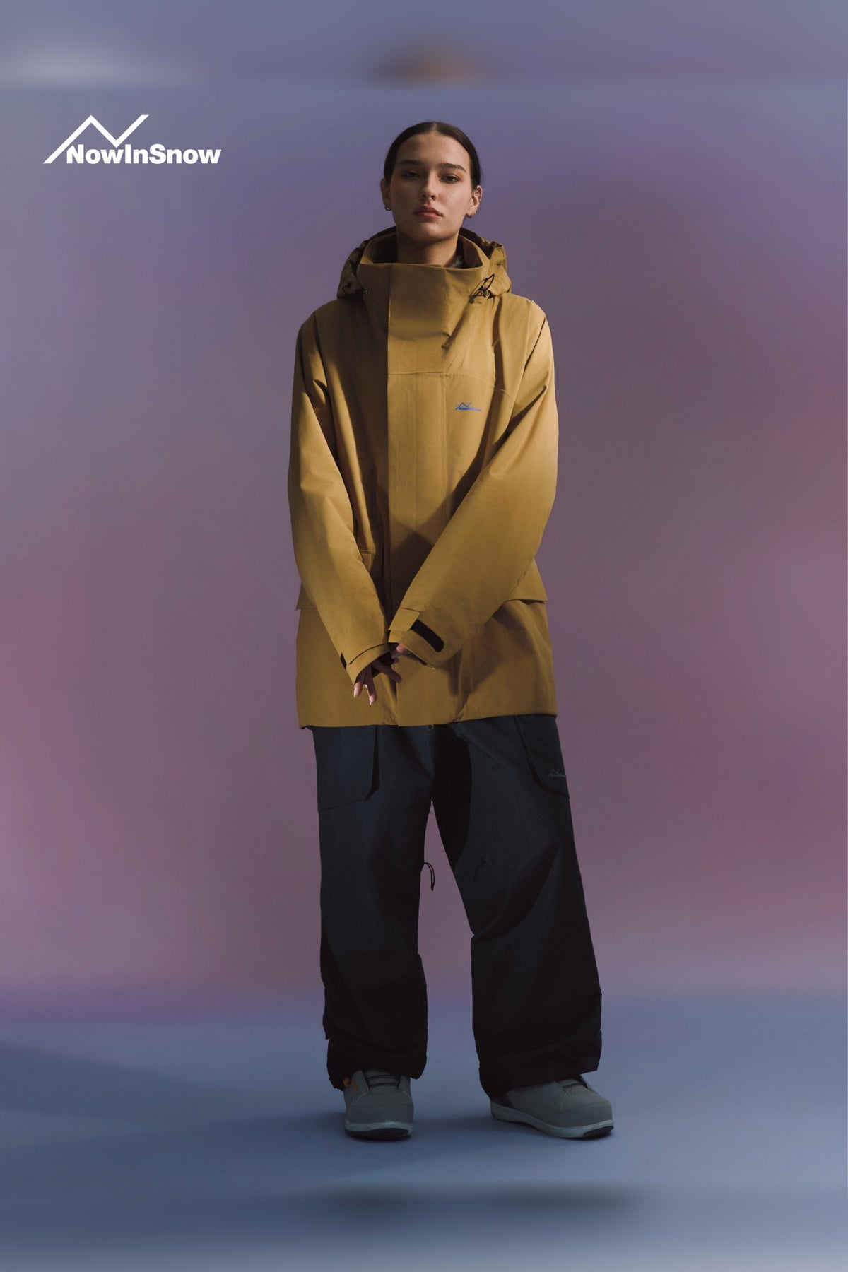 NIS Oak Brown longline ski jacket for women, full outfit view