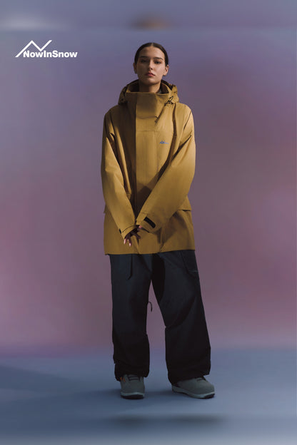 NIS Oak Brown longline ski jacket for women, full outfit view