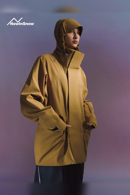 NIS Oak Brown longline ski jacket for women with hood up