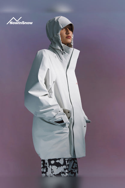 NIS Quartz White longline ski jacket for women with hood up