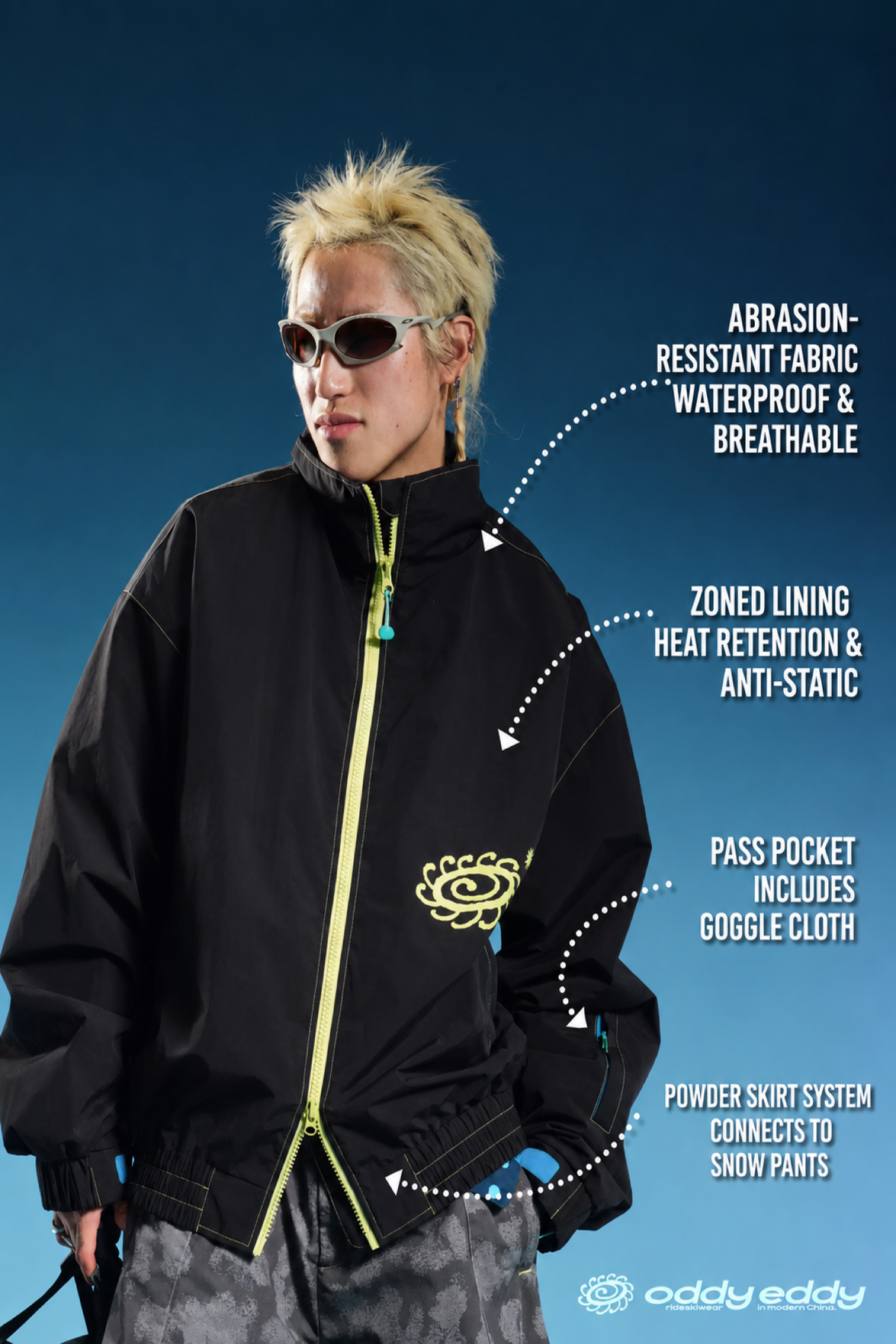 OddyEddy Nocturne Black Ski & Snowboard Jacket English technical feature guide