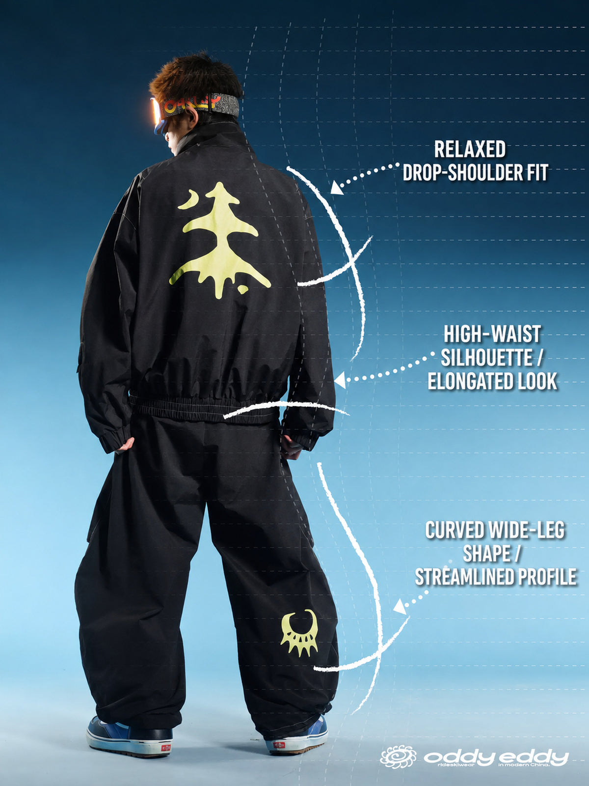 OddyEddy Nocturne Black Ski & Snowboard Jacket English fit and silhouette guide with natural model proportions