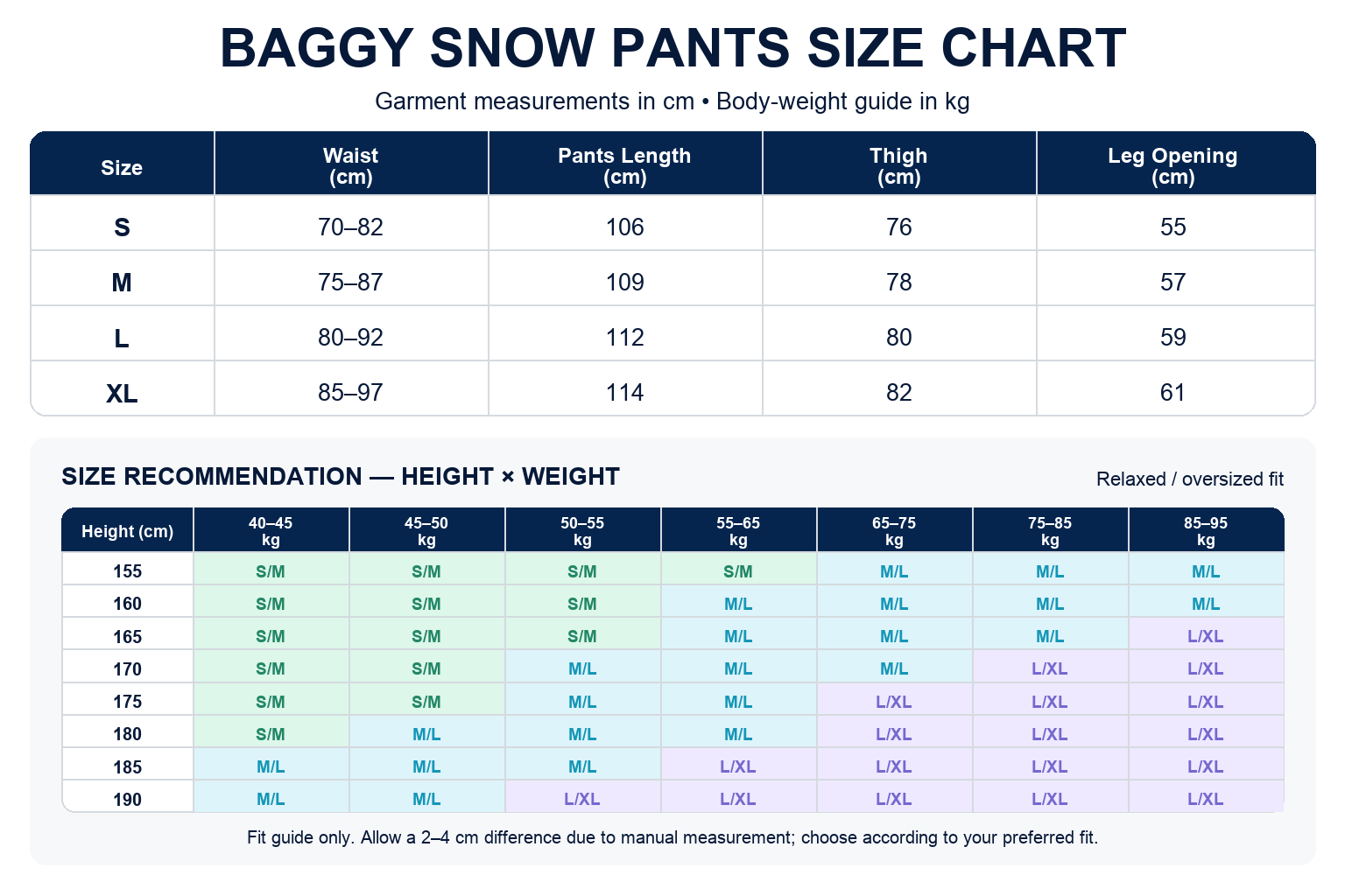 OddyEddy Totem Purple and Blue unisex baggy snowboard pants size chart in centimetres with height and weight fit guide