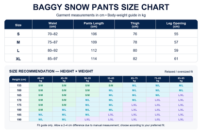 OddyEddy Thorn Grey unisex baggy snowboard pants size chart in centimetres with height and weight fit guide