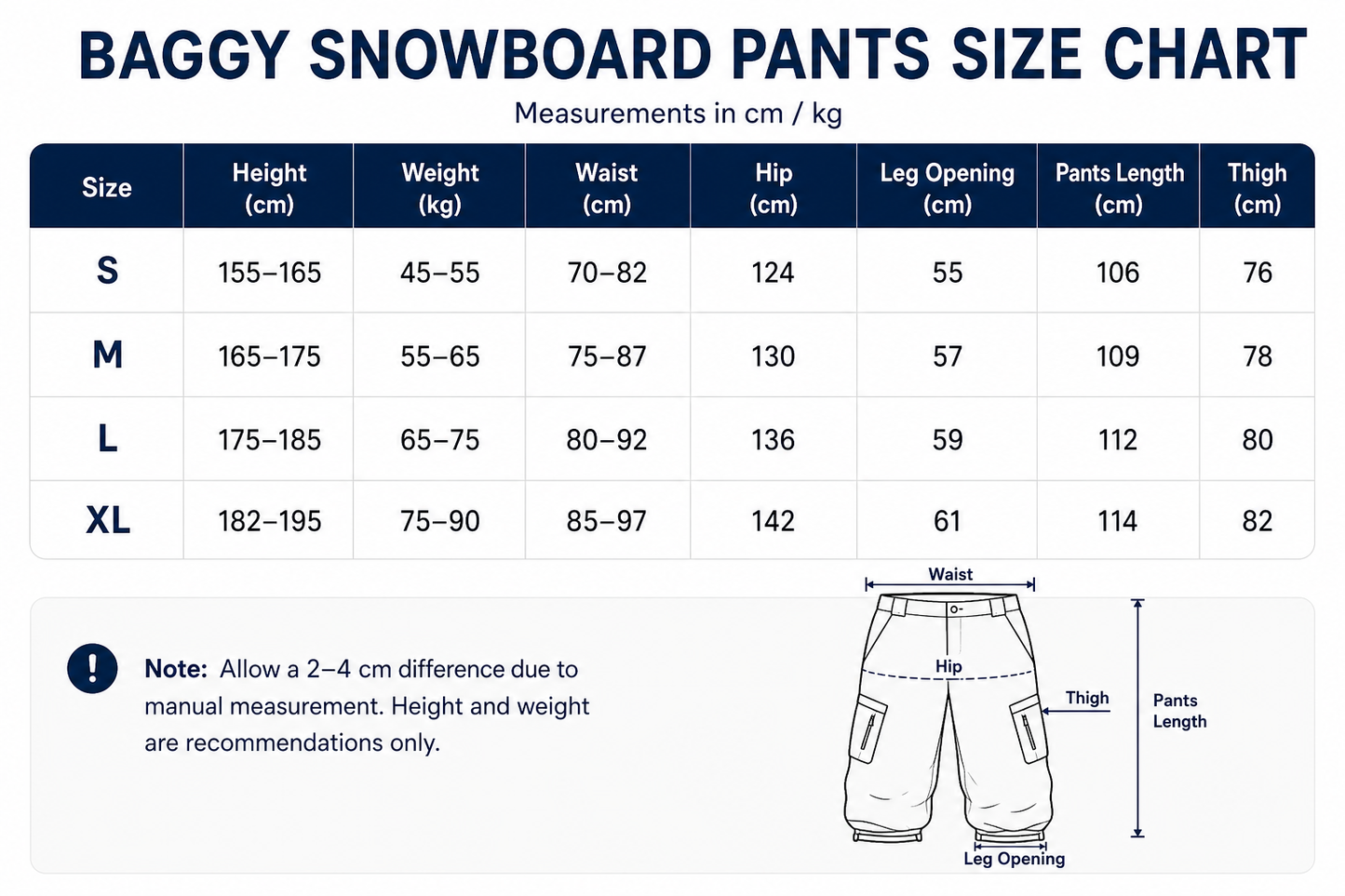 OddyEddy unisex baggy snowboard pants size chart in centimeters and kilograms