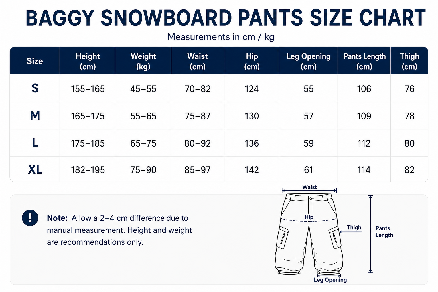 OddyEddy unisex baggy snowboard pants size chart in centimeters and kilograms