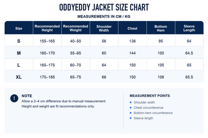 OddyEddy unisex ski and snowboard jacket size chart with measurements in centimetres and kilograms