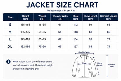 OddyEddy unisex ski and snowboard jacket size chart in centimetres and kilograms