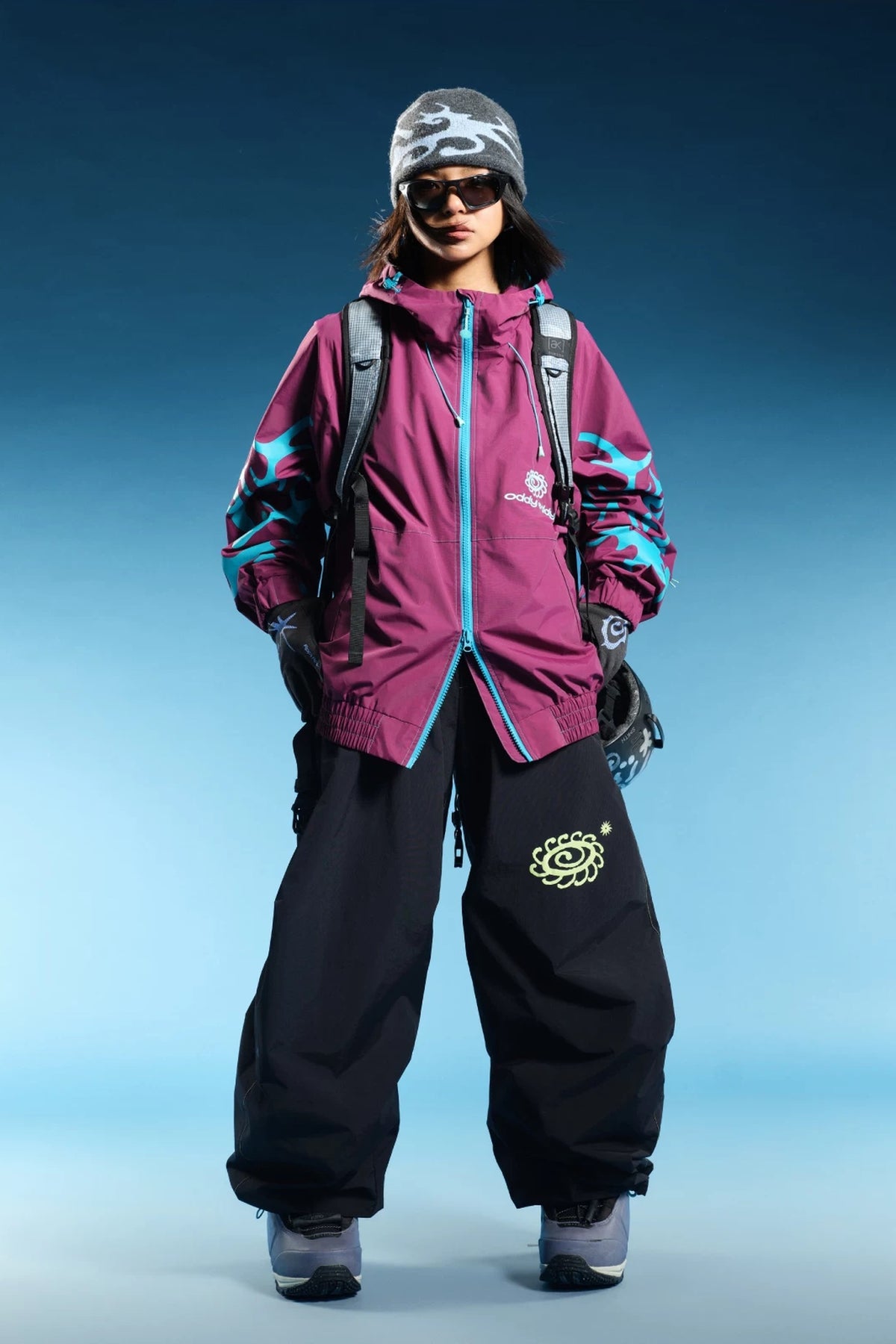 OddyEddy Luna Black baggy snowboard pants styled with complete logo
