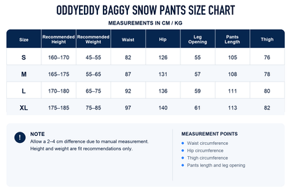OddyEddy unisex snowboard pants size chart in centimetres and kilograms