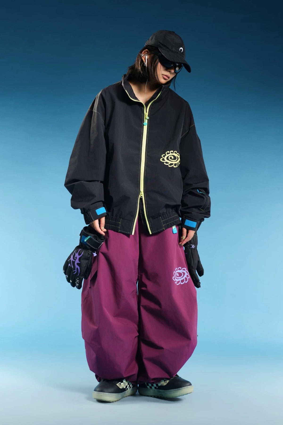 OddyEddy Starlight Purple baggy snowboard pants styled with complete logo
