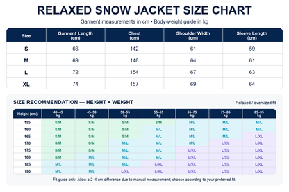 OddyEddy Thorn Purple unisex snow jacket size chart in centimetres with height and weight fit guide