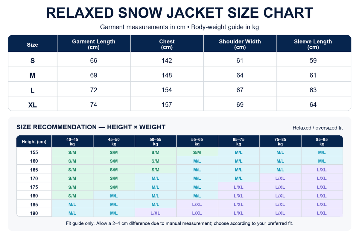 OddyEddy Luna Purple unisex snow jacket size chart in centimetres with height and weight fit guide