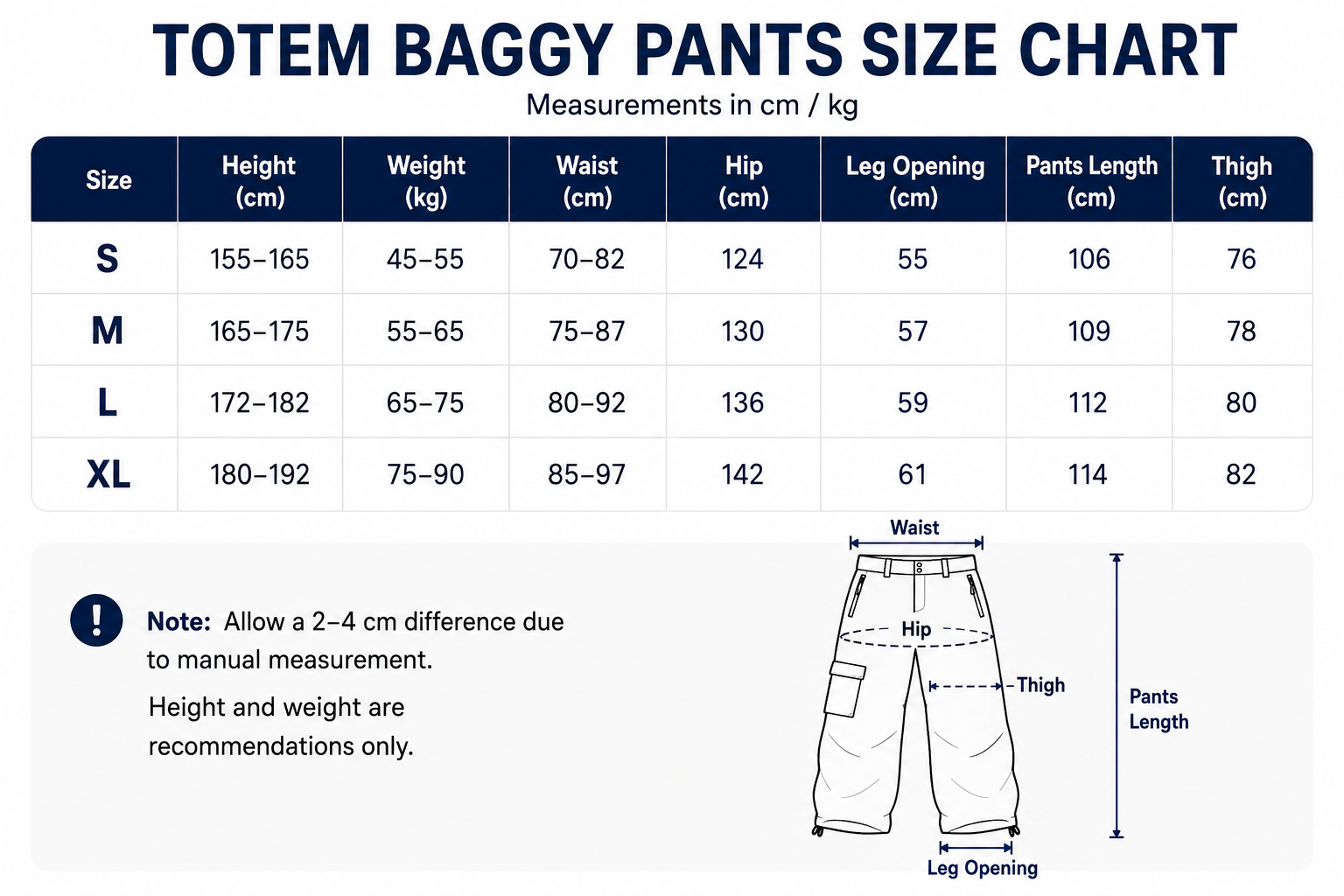 OddyEddy Totem unisex baggy snowboard pants size chart in centimeters and kilograms