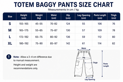 OddyEddy Totem unisex baggy snowboard pants size chart in centimeters and kilograms