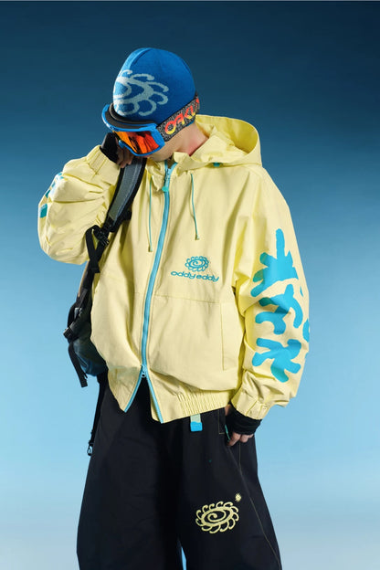 OddyEddy Totem Yellow jacket front detail and complete chest logo