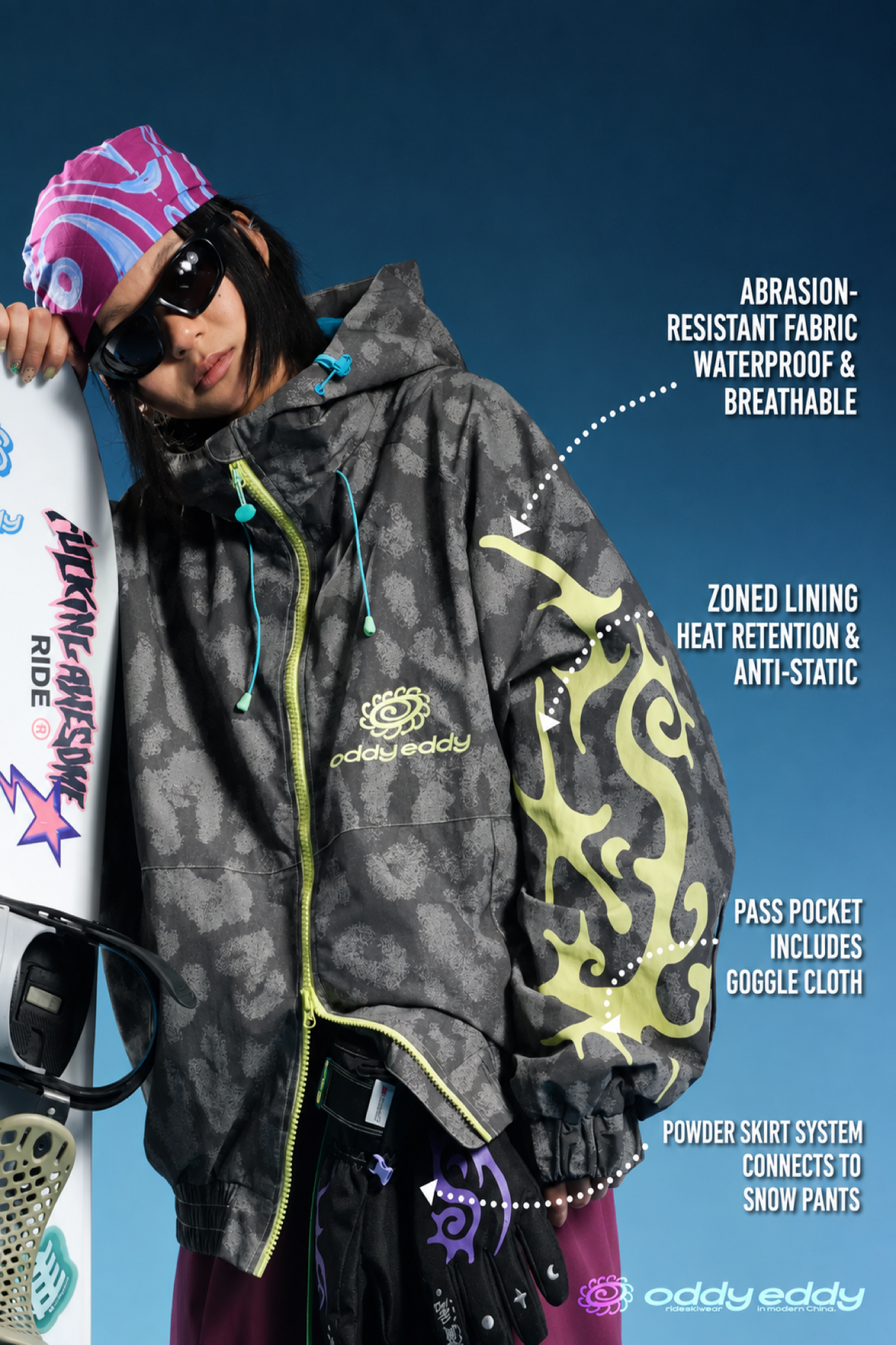 OddyEddy Thorn Grey Ski & Snowboard Jacket English technical feature guide