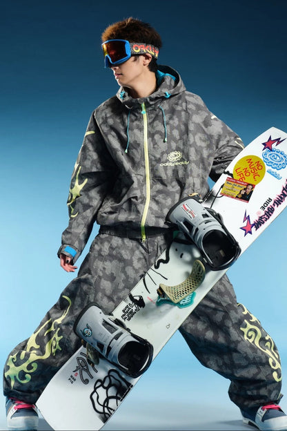 OddyEddy Thorn Grey baggy snowboard pants styled with matching jacket and snowboard