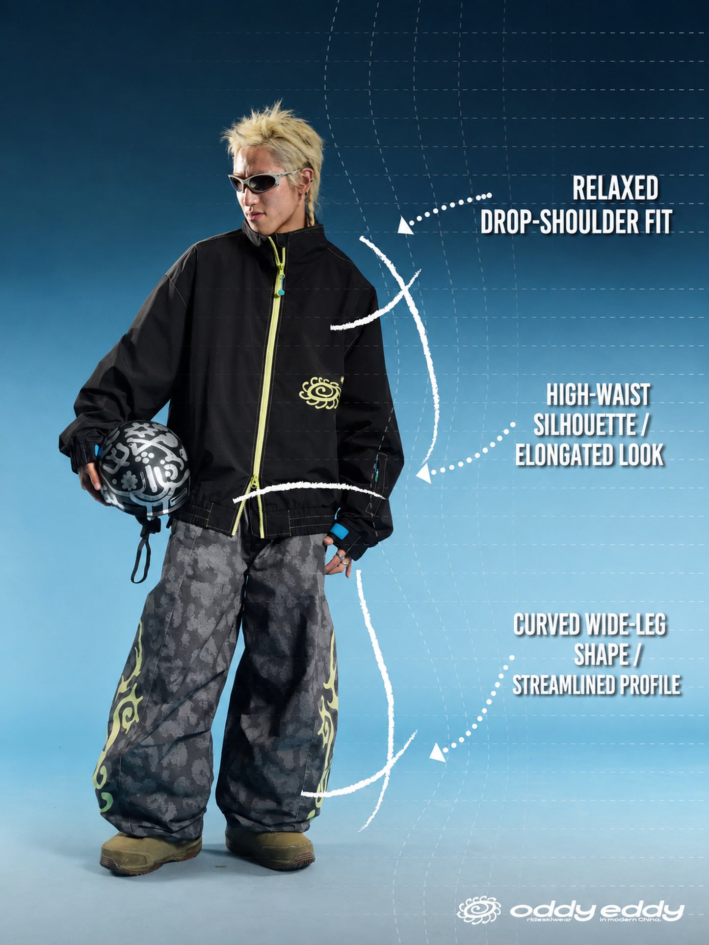 OddyEddy Thorn Grey Baggy Snowboard Pants English fit and silhouette guide with natural model proportions
