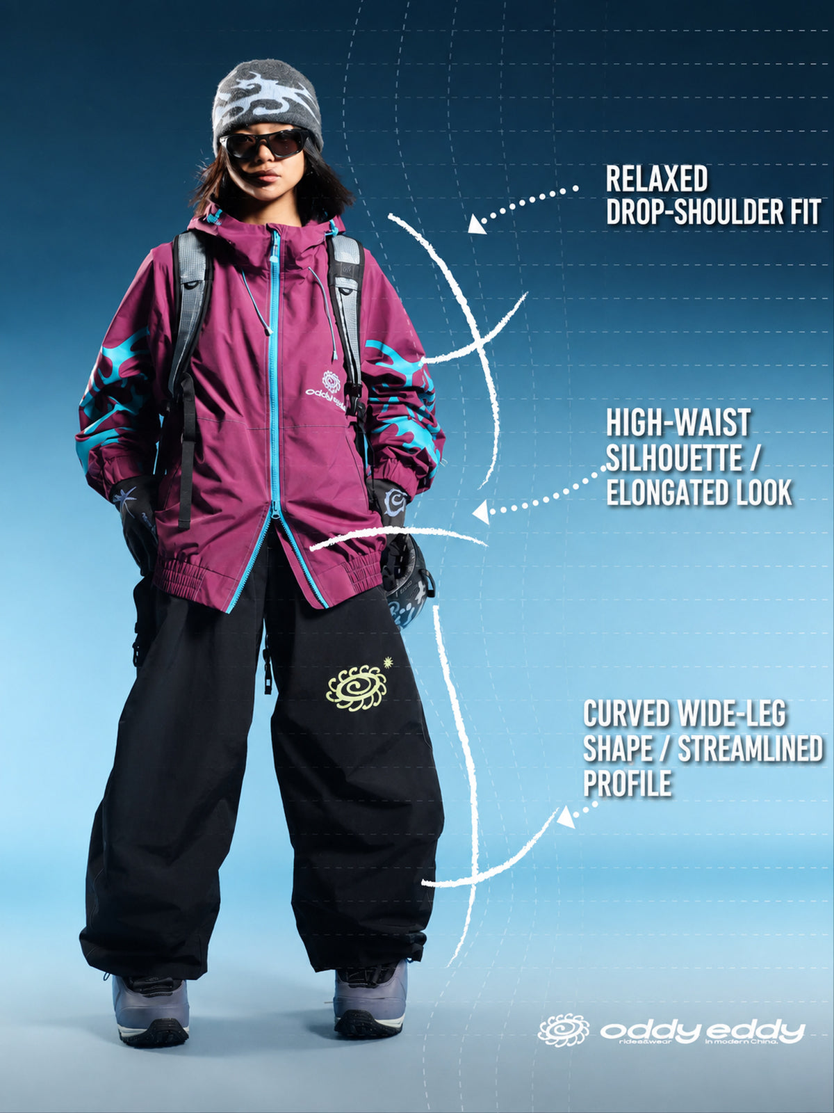 OddyEddy Thorn Purple Ski & Snowboard Jacket English fit and silhouette guide with natural model proportions