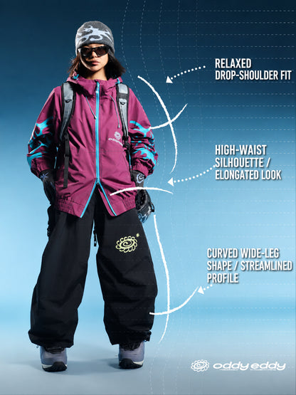 OddyEddy Thorn Purple Ski & Snowboard Jacket English fit and silhouette guide with natural model proportions