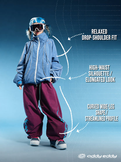 OddyEddy Thorn Purple Baggy Snowboard Pants English fit and silhouette guide with natural model proportions
