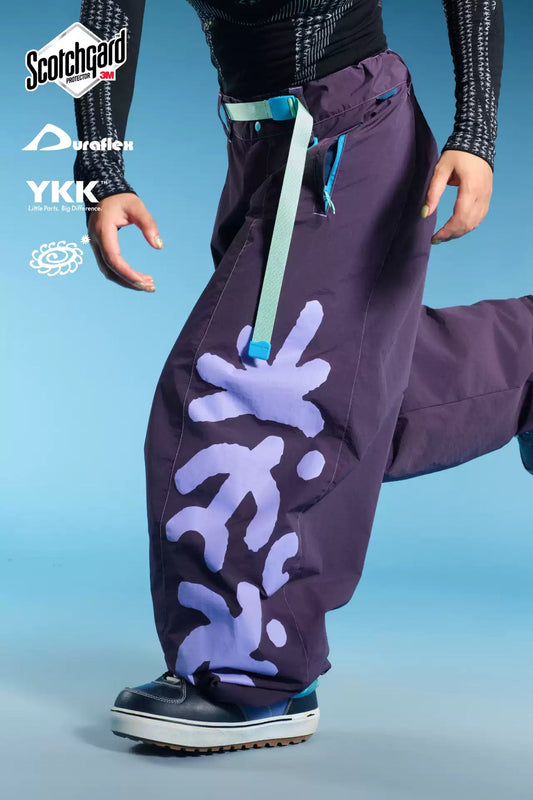 OddyEddy Totem Purple and Blue Ski & Snowboard Pants styled view