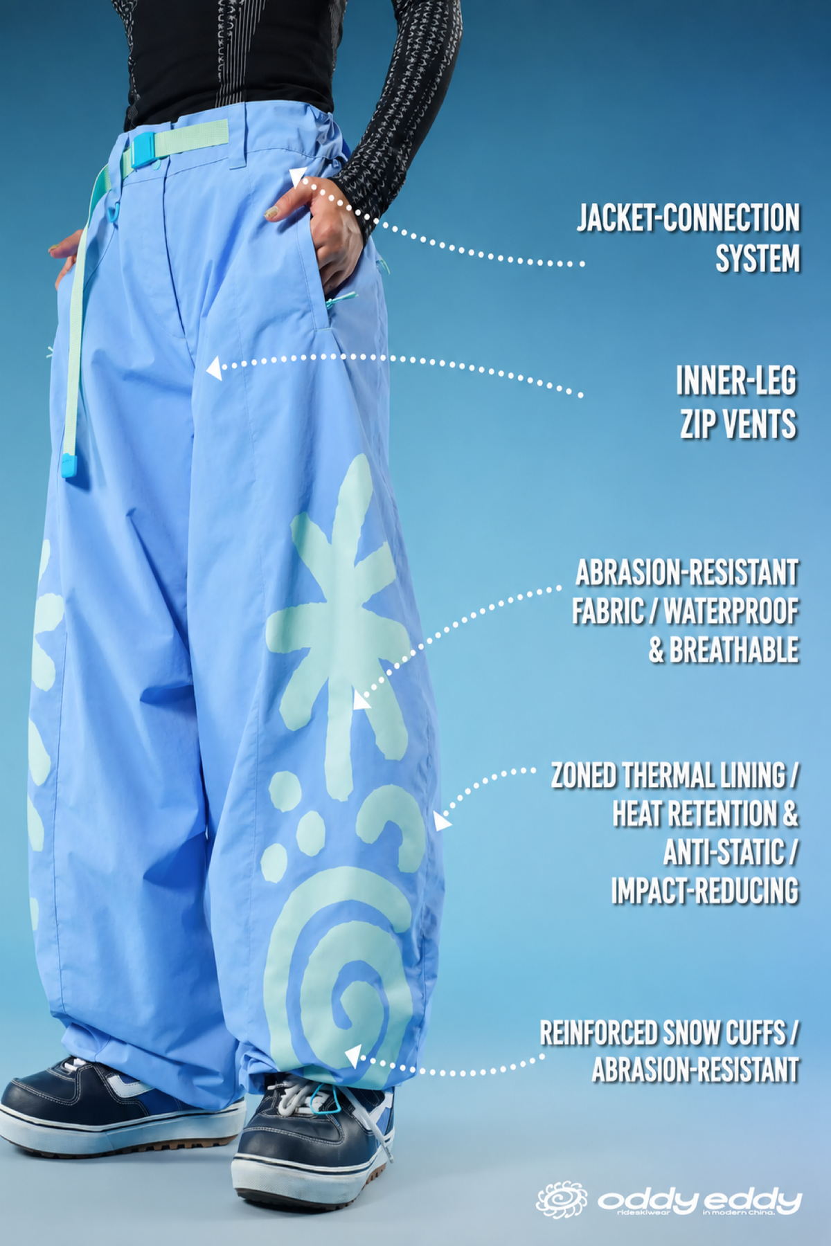 OddyEddy Totem Purple and Blue Ski & Snowboard Pants English technical feature guide