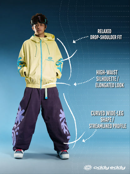 OddyEddy Totem Purple and Blue Baggy Snowboard Pants English fit and silhouette guide with natural model proportions