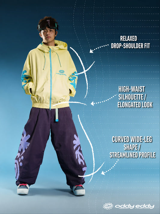 OddyEddy Totem Purple and Blue Baggy Snowboard Pants English fit and silhouette guide with natural model proportions