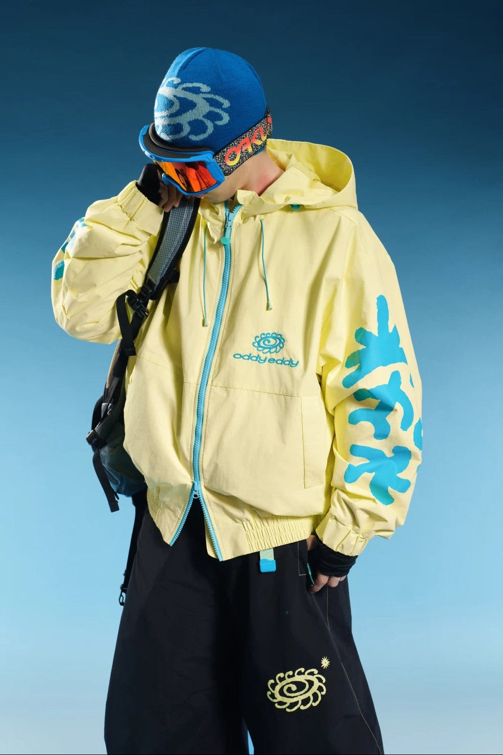 OddyEddy Totem Yellow jacket front view with complete chest logo and sleeve artwork
