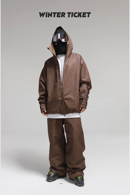 Winter Ticket dark brown leather-look 3L ski jacket, oversized front view with matching pants
